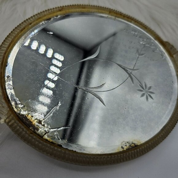 Vintage Handheld Mirror Ornate Lucite Gold Handle Floral Etched Glass FLAW - Picture 4 of 8